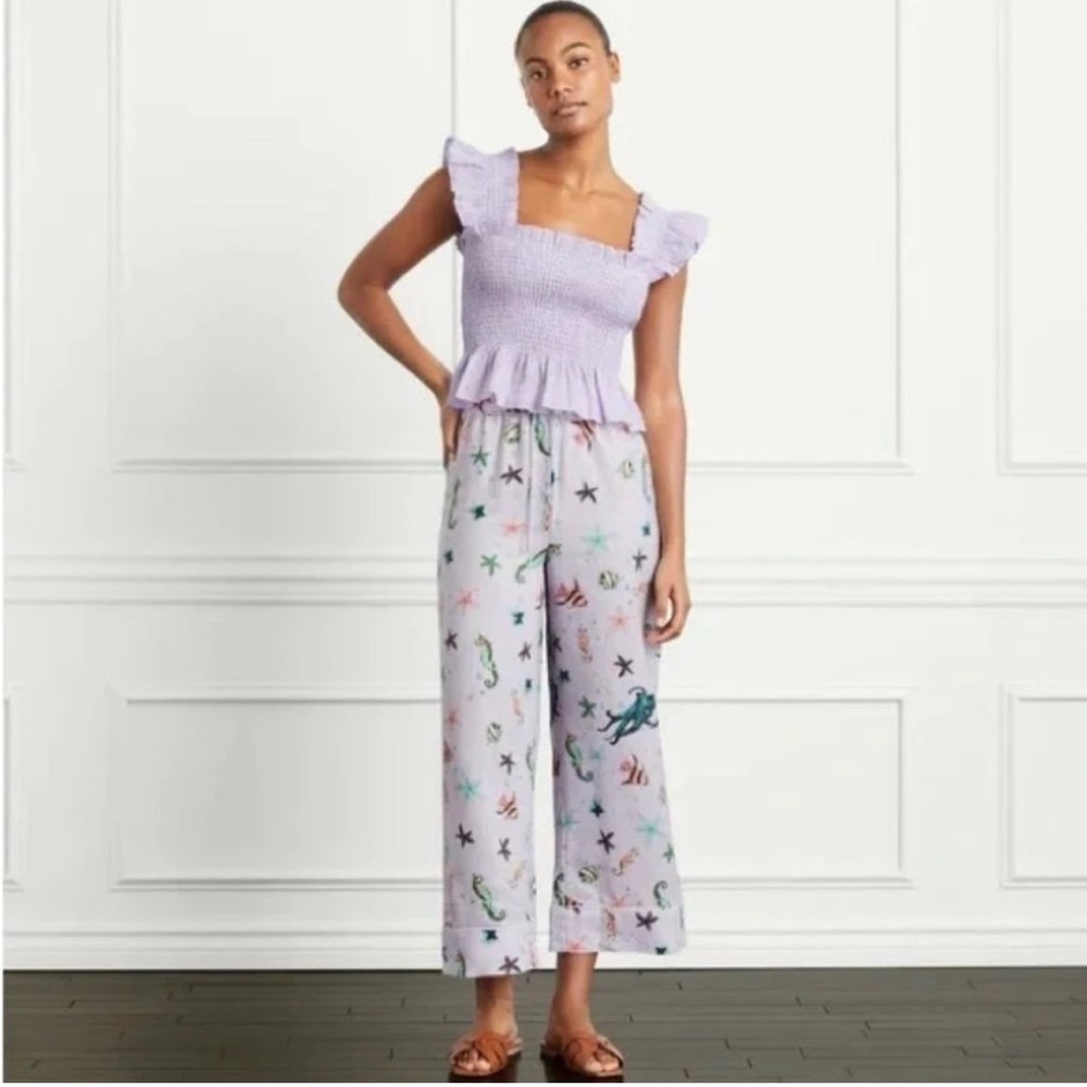 NWT Hill House Skylar Pants Linen Drawstring Wide Crop Sea Creatures XL